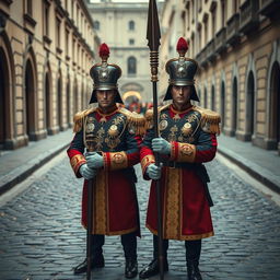 two strong royal guards blocking the street, looking directly at the viewer with a commanding presence