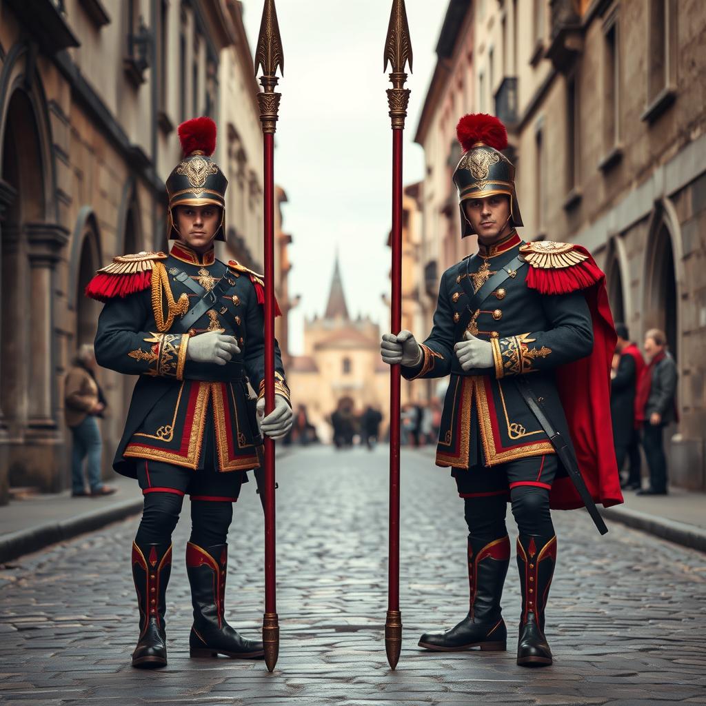 two strong royal guards blocking the street, looking directly at the viewer with a commanding presence