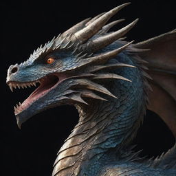 A detailed side view of an imposing dragon originating from the left, its scales reflecting the light, capturing a moment of majestic movement.