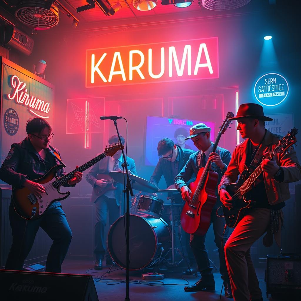 A vibrant science fiction poster featuring four men and a woman, all musicians, energetically playing in a hazy neon jazz club