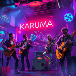 A vibrant science fiction poster featuring four men and a woman, all musicians, energetically playing in a hazy neon jazz club