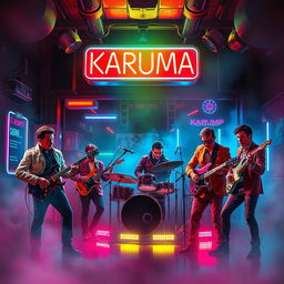 A vibrant science fiction poster featuring four men and a woman, all musicians, energetically playing in a hazy neon jazz club