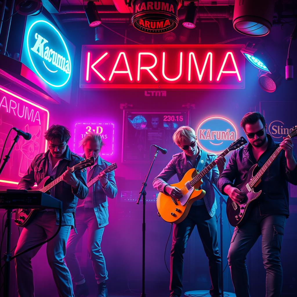 A vibrant science fiction poster featuring four men and a woman, all musicians, energetically playing in a hazy neon jazz club