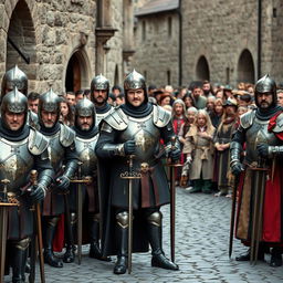 A group of royal guards from the Middle Ages blocking the street, standing with determination and authority