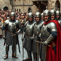 A group of royal guards from the Middle Ages blocking the street, standing with determination and authority