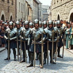 A group of royal guards from the Middle Ages blocking the street, standing with determination and authority