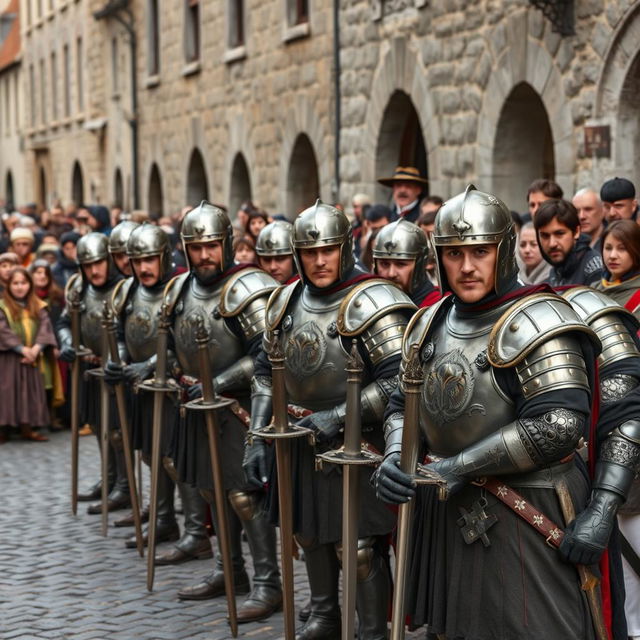 A group of royal guards from the Middle Ages blocking the street, standing with determination and authority