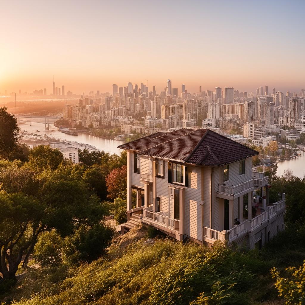 A picturesque house on a hill, with its windows gleaming under the sun, overlooking a bustling city sprawling beneath.