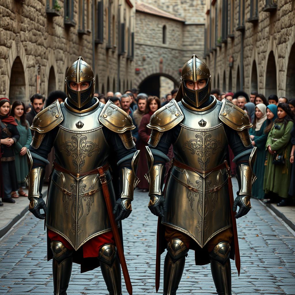 Two royal guards from the Middle Ages blocking the street, standing firmly with an air of authority