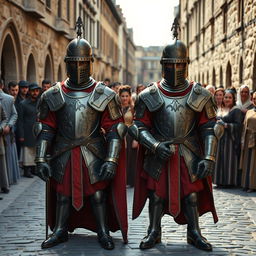 Two royal guards from the Middle Ages blocking the street, standing firmly with an air of authority