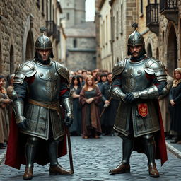 Two royal guards from the Middle Ages blocking the street, standing firmly with an air of authority