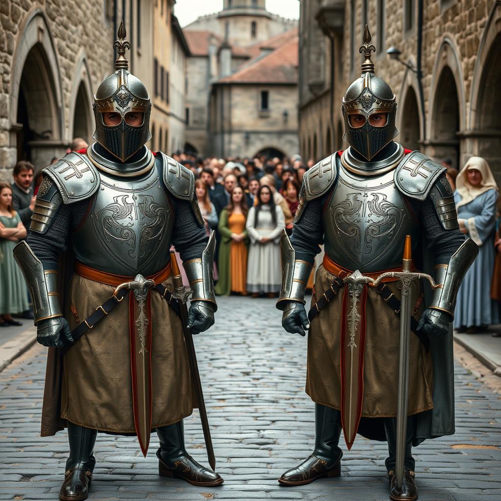 Two royal guards from the Middle Ages blocking the street, standing firmly with an air of authority