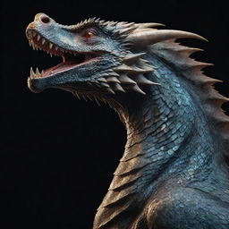 A detailed side view of an imposing dragon originating from the left, its scales reflecting the light, capturing a moment of majestic movement.