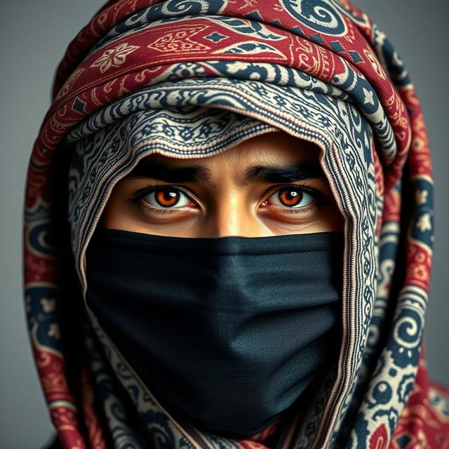 The head of an Arab person wearing a beautifully wrapped shemagh and mask