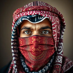 The head of an Arab person wearing a beautifully wrapped shemagh and mask