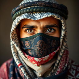 The head of an Arab person wearing a beautifully wrapped shemagh and mask