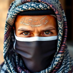 The head of an Arab person wearing a beautifully wrapped shemagh and mask