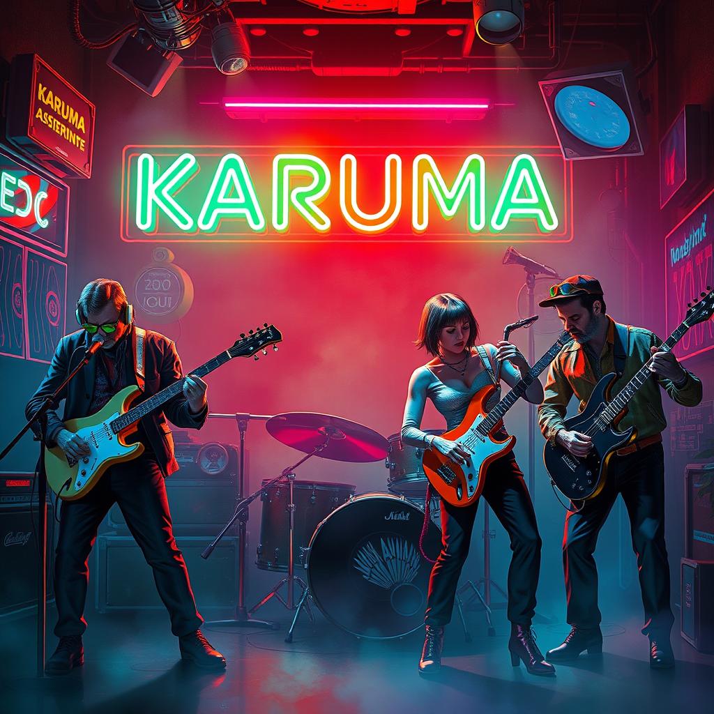 A vibrant science fiction poster featuring four men and one woman with short hair, all musicians, energetically playing in a hazy neon jazz club