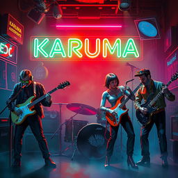 A vibrant science fiction poster featuring four men and one woman with short hair, all musicians, energetically playing in a hazy neon jazz club