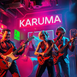 A vibrant science fiction poster featuring four men and one woman with short hair, all musicians, energetically playing in a hazy neon jazz club