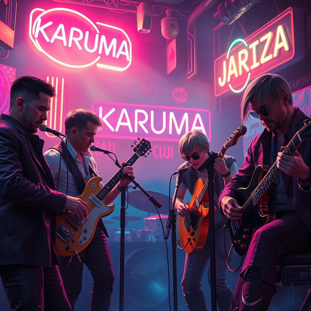 A vibrant science fiction poster featuring four men and one woman with short hair, all musicians, energetically playing in a hazy neon jazz club