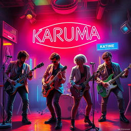 A vibrant science fiction poster featuring four men and one woman with short hair, all musicians, energetically playing in a hazy neon jazz club