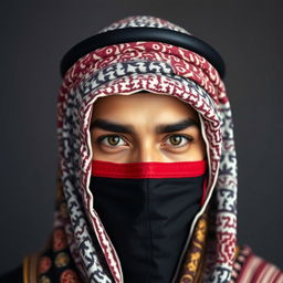 The head of an Arab person wearing a beautifully wrapped shemagh and mask