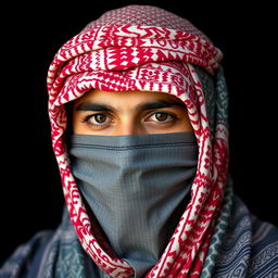 The head of an Arab person wearing a beautifully wrapped shemagh and mask