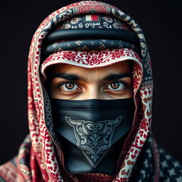 The head of an Arab person wearing a beautifully wrapped shemagh and mask