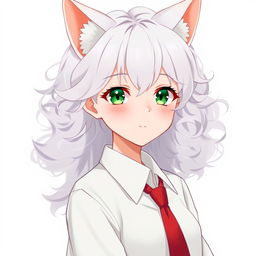 Anime illustration of a teenage girl with a charming aura, featuring curly white hair that cascades beautifully around her shoulders