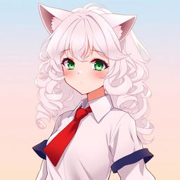 Anime illustration of a teenage girl with a charming aura, featuring curly white hair that cascades beautifully around her shoulders