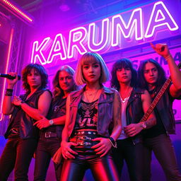 An 80's cinema-style poster featuring a rock band with five members, one of whom is a short-haired woman