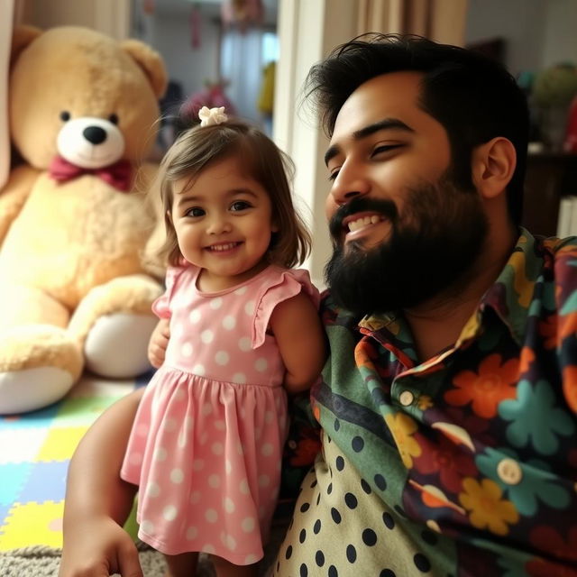 A cozy family scene with a man with a beard and a young girl indoors set against a background showing a room with a large teddy bear and colorful play mat