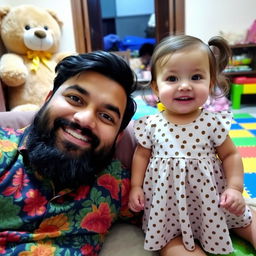 A cozy family scene with a man with a beard and a young girl indoors set against a background showing a room with a large teddy bear and colorful play mat