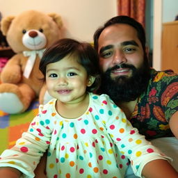 A cozy family scene with a man with a beard and a young girl indoors set against a background showing a room with a large teddy bear and colorful play mat