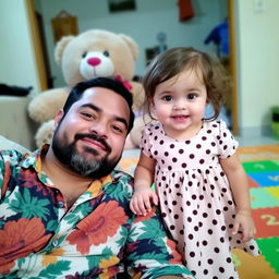 A cozy family scene with a man with a beard and a young girl indoors set against a background showing a room with a large teddy bear and colorful play mat