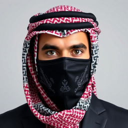 The head of an Arab person adorned with a professionally styled, distinctive shemagh and mask