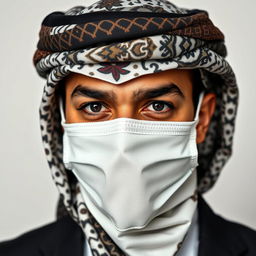 The head of an Arab person adorned with a professionally styled, distinctive shemagh and mask