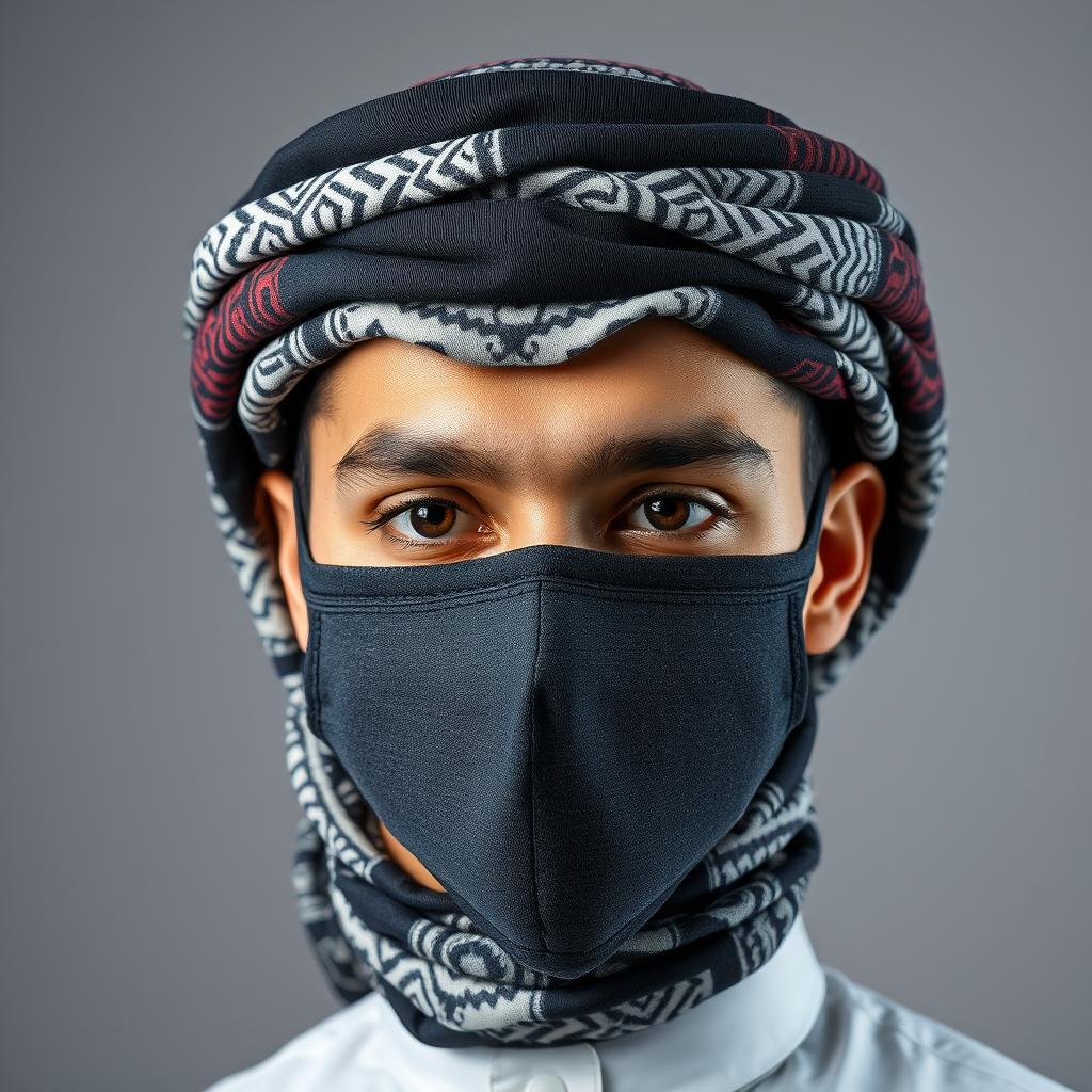 The head of an Arab person adorned with a professionally styled, distinctive shemagh and mask