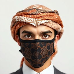 The head of an Arab person adorned with a professionally styled, distinctive shemagh and mask