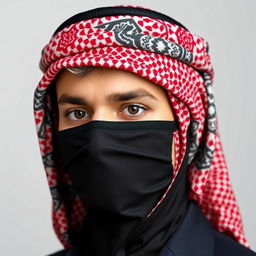 The head of an Arab person adorned with a professionally styled, distinctive shemagh and mask