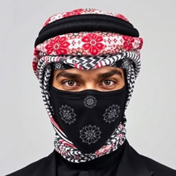 The head of an Arab person adorned with a professionally styled, distinctive shemagh and mask