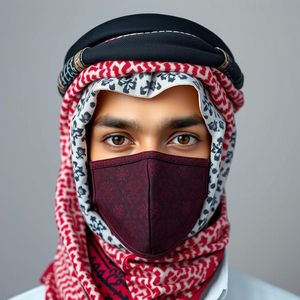 The head of an Arab person adorned with a professionally styled, distinctive shemagh and mask