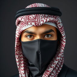 The head of an Arab person wearing a professionally styled and distinctive shemagh and mask