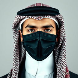 The head of an Arab person wearing a professionally styled and distinctive shemagh and mask