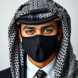 The head of an Arab person wearing a professionally styled and distinctive shemagh and mask