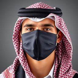 The head of an Arab person wearing a professionally styled and distinctive shemagh and mask