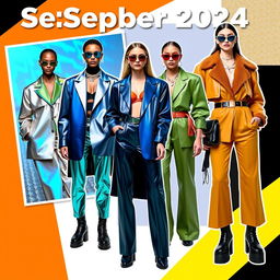 A lookbook moodboard capturing the latest fashion trends for September 2024, focusing on vibrant, futuristic styles with a retro twist