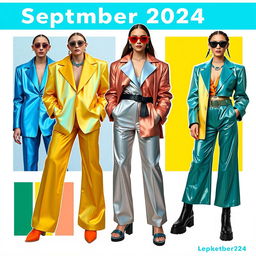 A lookbook moodboard capturing the latest fashion trends for September 2024, focusing on vibrant, futuristic styles with a retro twist