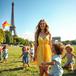 a vibrant and lively scene of a French teenage girl, around 18 years old, enjoying a sunny day at a Parisian park with her friends